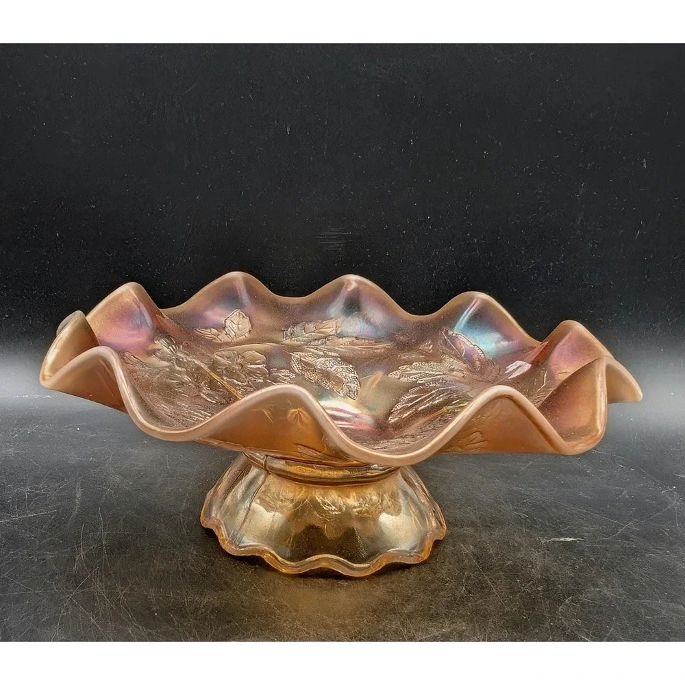 Dugan Dogwood Sprays Marigold Carnival Glass Footed Ruffled Bowl 9
